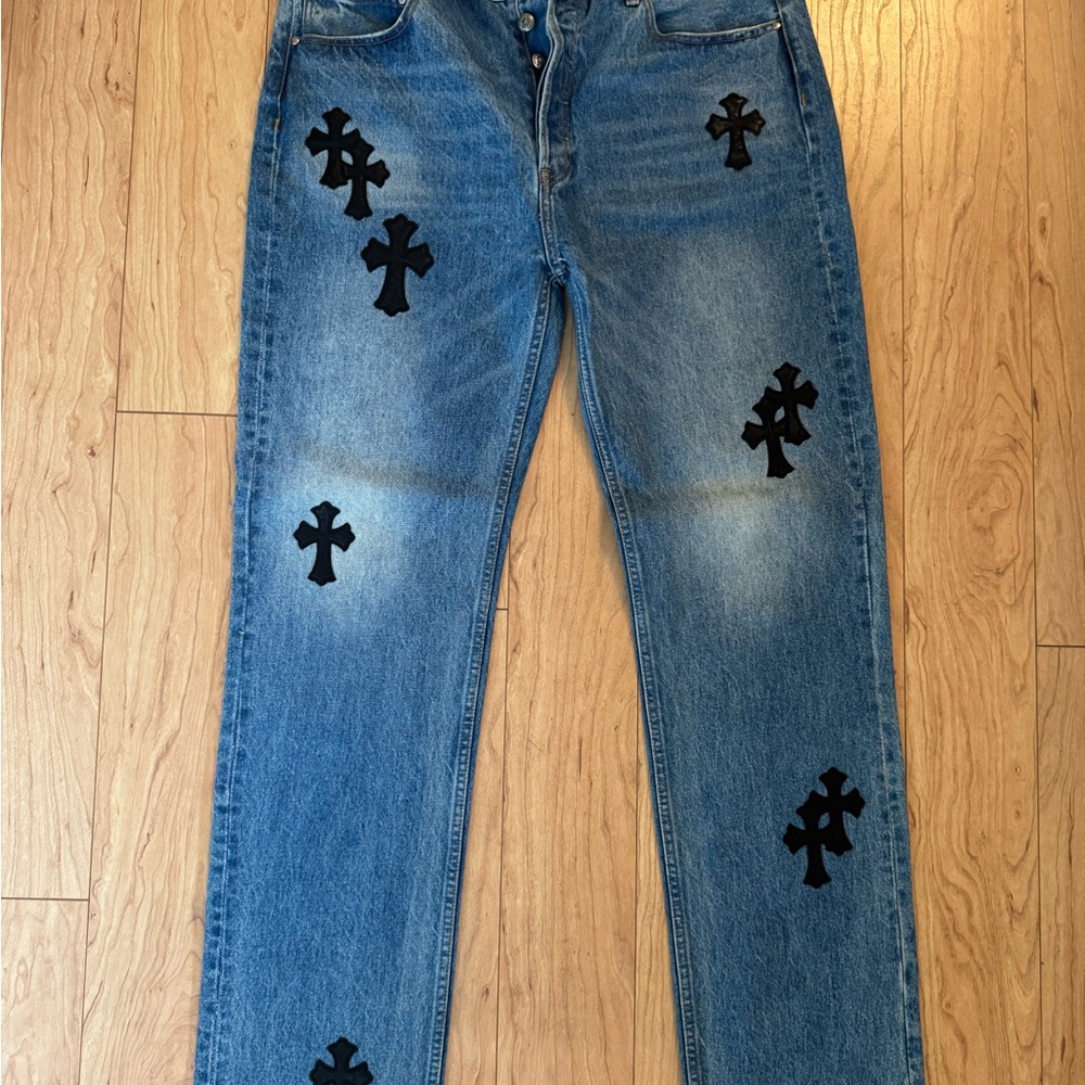 Chrome Hearts Blue Levi’s Custom Jeans with Black Cross Accents